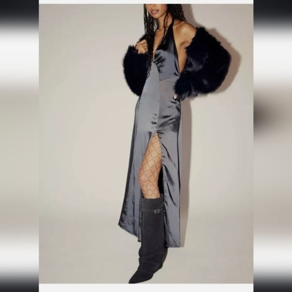FREE PEOPLE DANCE TIL DAWN SATIN HALTER MAXI SLIT DRESS Sz M NWT - Picture 3 of 6